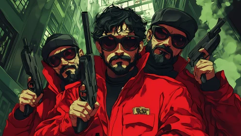 Armed trio in red coats dominate urban alleyway scene.