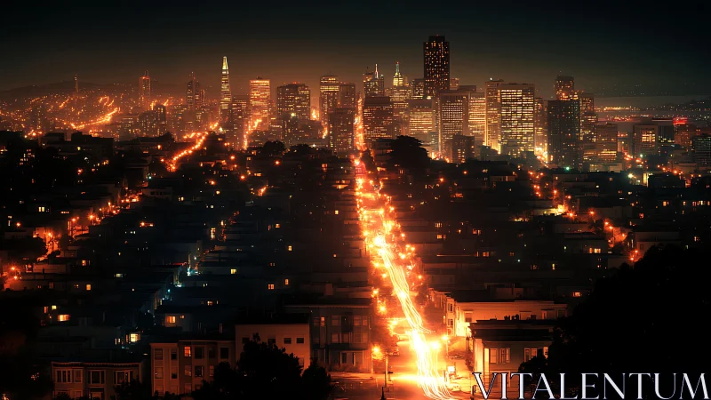 Photorealistic nocturnal cityscape with glowing axial avenue.