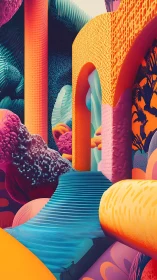 Neon surreal staircase winds through textured organic arches.