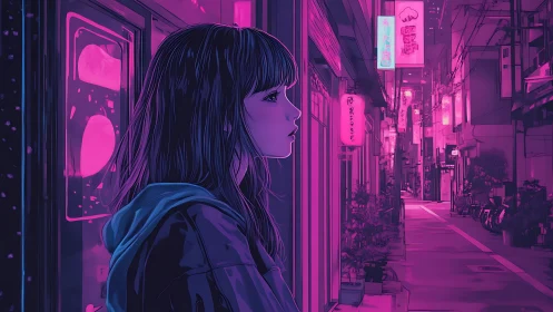 Quiet night wanderer bathed in neon cityside glow.