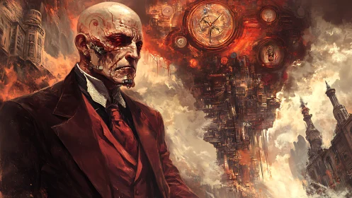 Cyborg gentleman before burning clockwork cityscape.