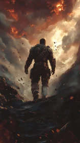 Cinematic digital warrior in volcanic ascent composition.