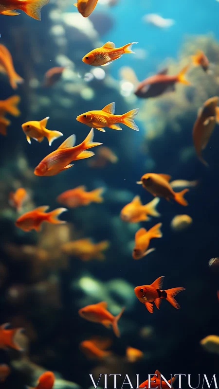 Goldfish drift through sunlit blue in dreamy focus depth.