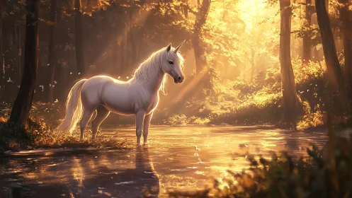 White unicorn stands in shallow forest stream at golden sunset
