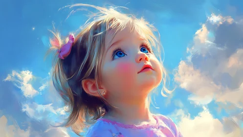 Young Child Gazing Skyward Against Cloud-Filled Heaven.