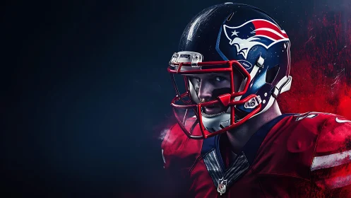 Focused football player in bold red and blue lighting.