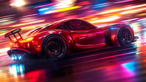 Neon city racetrack with a blazing red futuristic car.