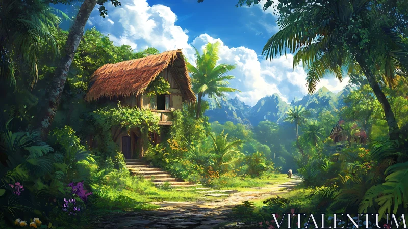 Tropical jungle cottage beside sunlit path and mountains.