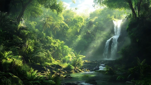 Tropical Waterfall Cascades Through Verdant Jungle Canopy.