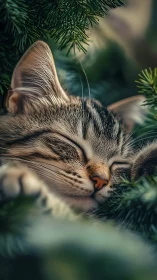 Tabby cat resting among evergreen pine branches