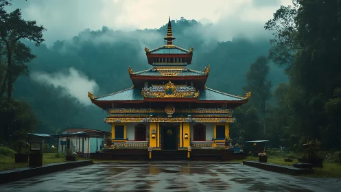 Symmetric Himalayan monastery facade in mist-laden rainforest.