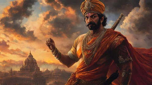 Regal warrior in sunset light guarding ancient temples.