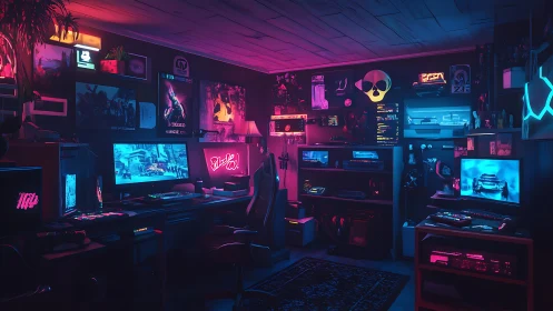 Neon-lit gaming command center with multi-screen setup.