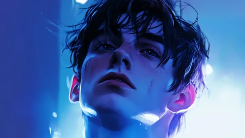 Soft blue glow around a thoughtful, rain-kissed dreamer.