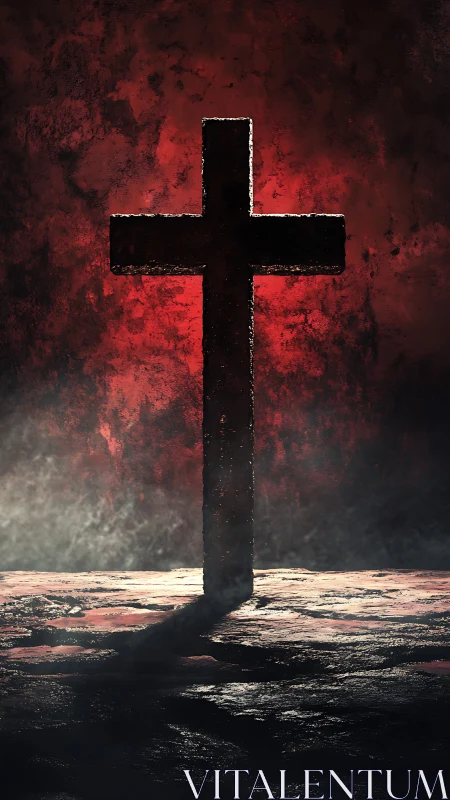 Weathered cross rises against fiery red textured backdrop
