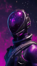 Iridescent cyber-astronaut portrait renders violet nebular glow
