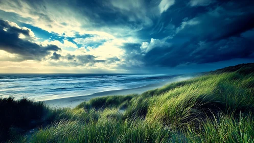 Stormlit coastal dunes under dynamic cinematic sky.