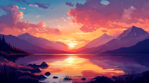 Radiant alpine lake sunset rendered in cinematic digital hues