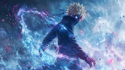 Stormlit anime hero walking through swirling cosmic power.