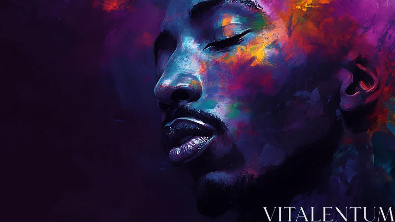 Dreamy portrait bathed in deep purples and cosmic color glow.