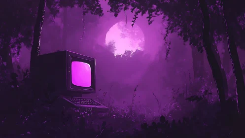Retro computer glows in purple moonlit forest clearing