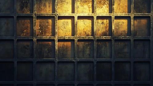 Industrial grid wall with dramatic golden lighting, textured style.