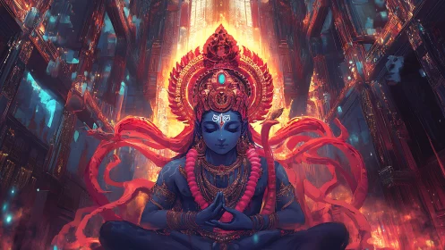 Blue-skinned deity in ornate headdress within fiery hall.