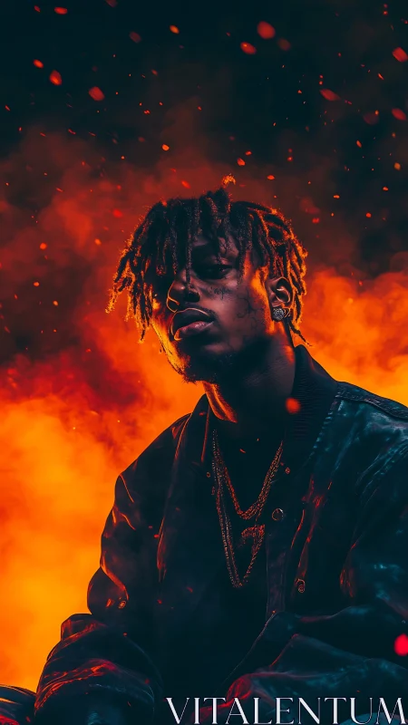 Smoke-crowned rebel smolders against inferno-bright night sky