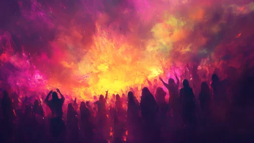 Luminescent crowd silhouettes with radiant yellow-orange incandescent light burst