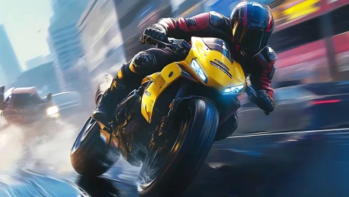 Sportbike racer leans into wet city corner at high speed
