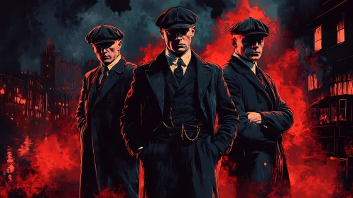 Three suited gangsters stand in red smoke filled city street.