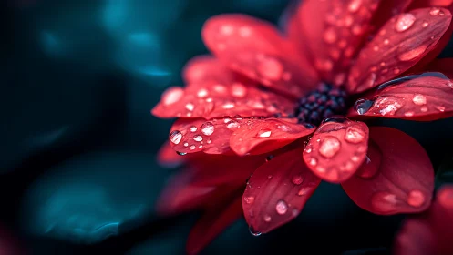 Red flower petals with water droplets under high magnification depth analysis
