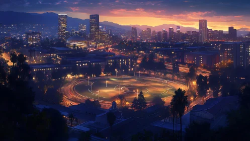 Sunlit city stadium glows gently beneath a dreamy dusk sky