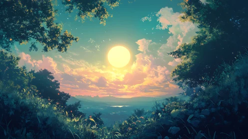 Sunlit valley framed by glowing foliage at serene sunset.