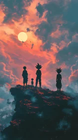 Silhouetted warriors on cliff edge under blazing sunset sky