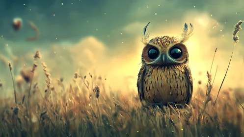 Micro-detailed nocturnal owl in volumetric dusk grassland.