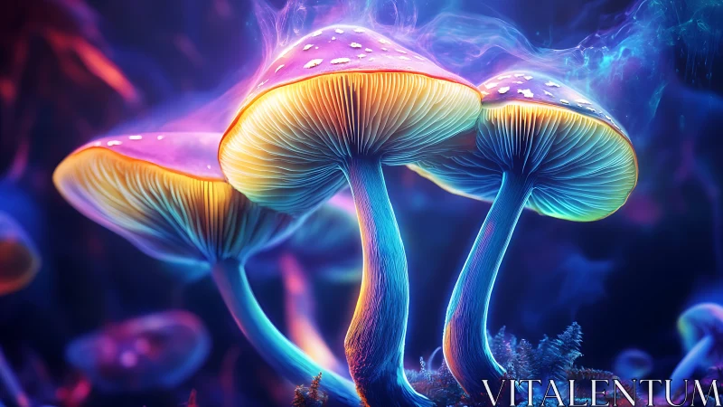 Luminous stylized mushrooms in saturated neon forest scene.