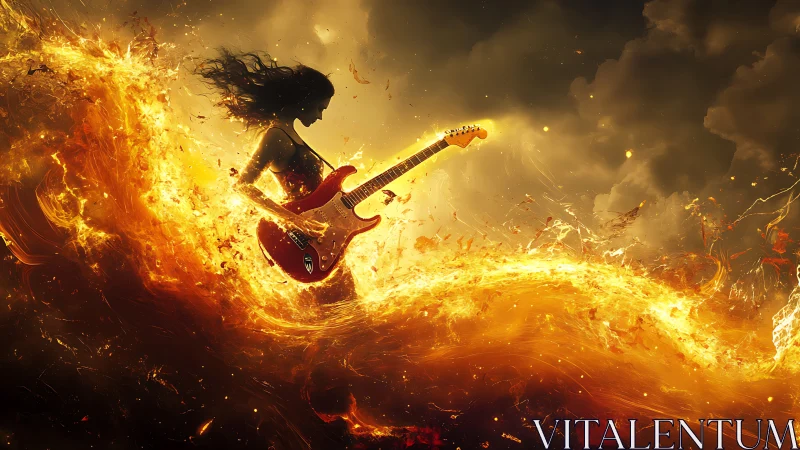 Guitarist Engulfed in Blazing Orange Fire Waves.