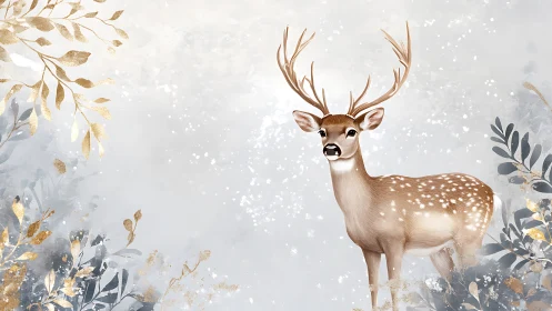 Spotted winter deer with gilded foliage in soft gray scene.