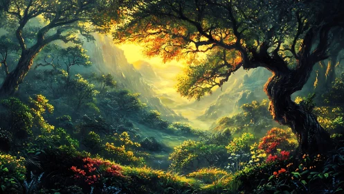 Ancient Forest Gateway Glowing With Celestial Light.