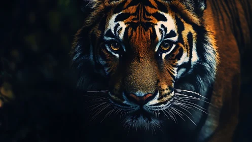 Golden-eyed tiger steps from shadow with calm, steady power