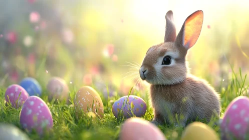 Spring meadow rabbit amid softly glowing Easter eggs.