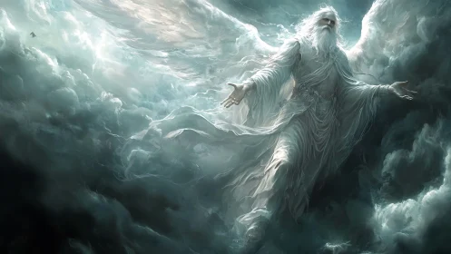 Celestial robed angel emerging dynamically from turbulent clouds