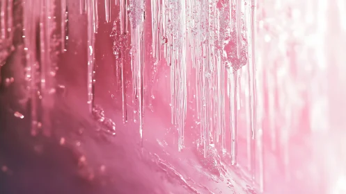 Pink-tinted icicles hang vertically against soft blurred light.