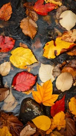 Golden autumn leaves drift gently across a quiet stream