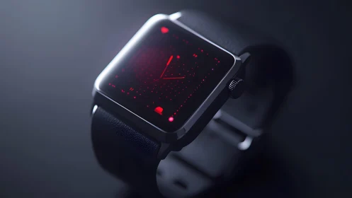 Futuristic digital smartwatch with glowing red display in dark setting.