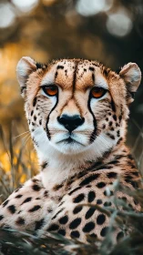 Cheetah portrait in tall grass with defocused warm background.