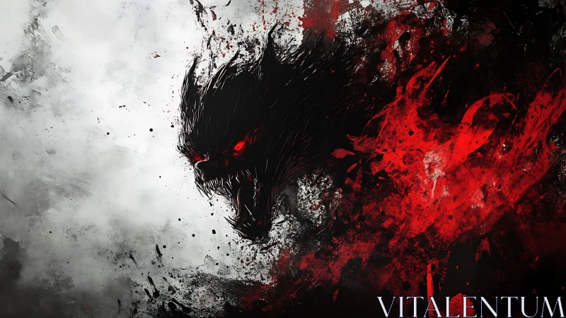 Howling demon wolf erupts from chaotic red and black void