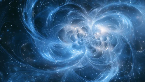 Stellar energy vortex spirals through luminous blue nebula.