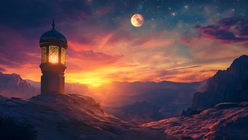 Lantern tower stands on rocky ridge under vivid sunset sky